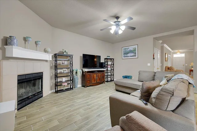 a living room with furniture and a fireplace