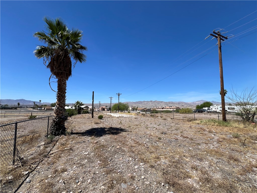 1692 Shamrock Road Bullhead City, AZ 86442 - Photo 9 of 11 The property features open land with a chain-link fence and a mature palm tree