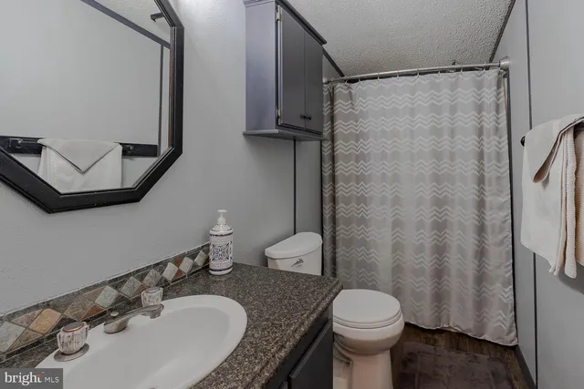 a bathroom with a granite countertop toilet sink and mirror