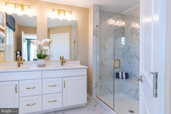 a bathroom with a double vanity sink mirror and shower