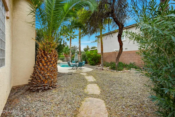 a view of a yard with plants and trees