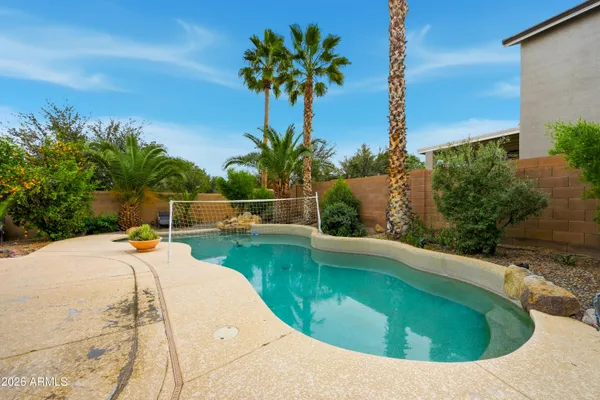 a view of a swimming pool with a lounge chair