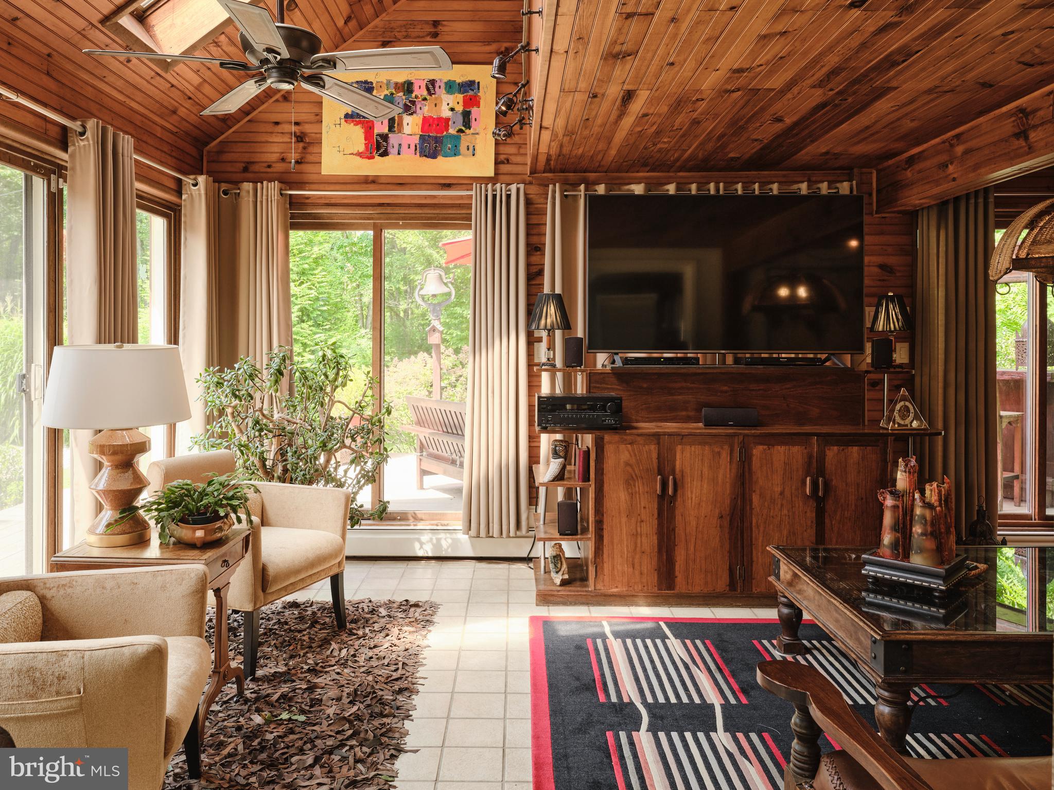 2125 Old Woods Road Green Lane, PA 18054 - Photo 27 of 53 a living room with furniture a flat screen tv and a floor to ceiling window