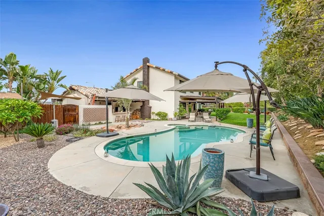 a view of a swimming pool with a patio and a garden