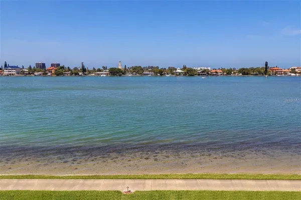 a view of a lake and tall trees