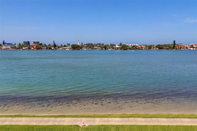 a view of a lake and tall trees