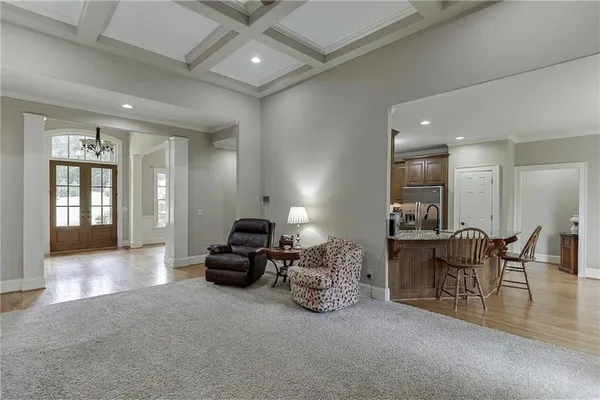 a view of a dining room with furniture window and outside view