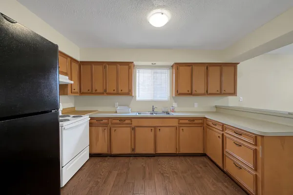 a kitchen with a sink a window and cabinets