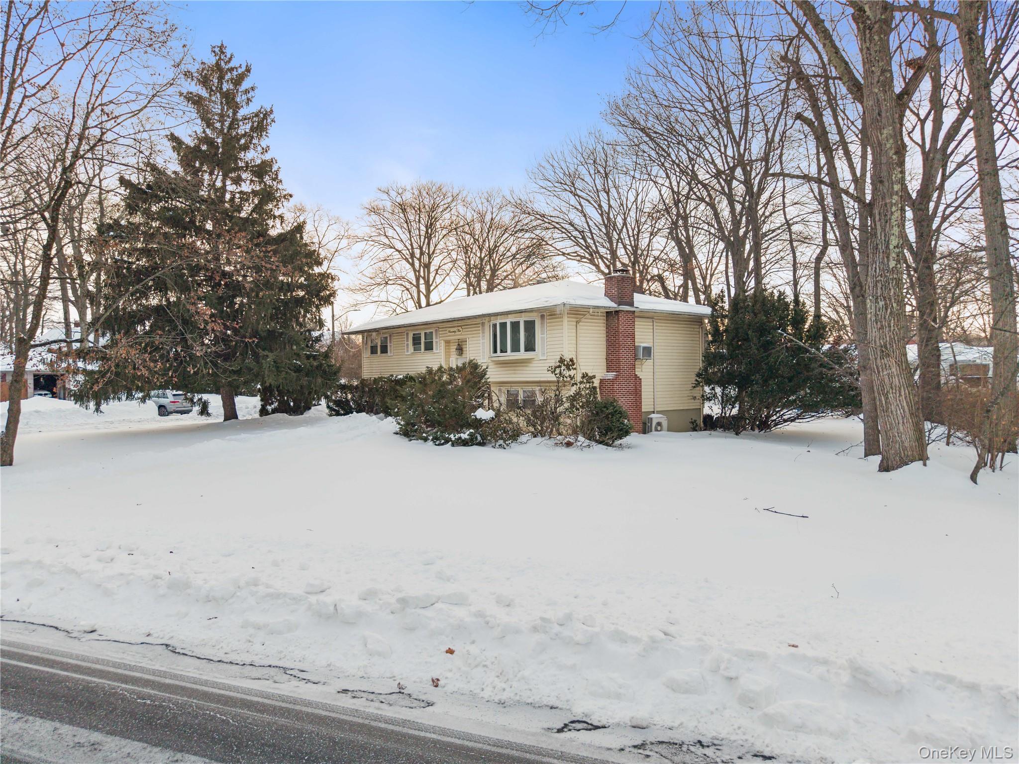 a front view of a house with a yard covered with snow