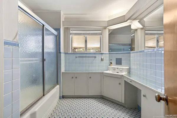 a bathroom with a sink a mirror and a shower