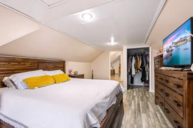 a aerial view of a house with a yard and a potted plant