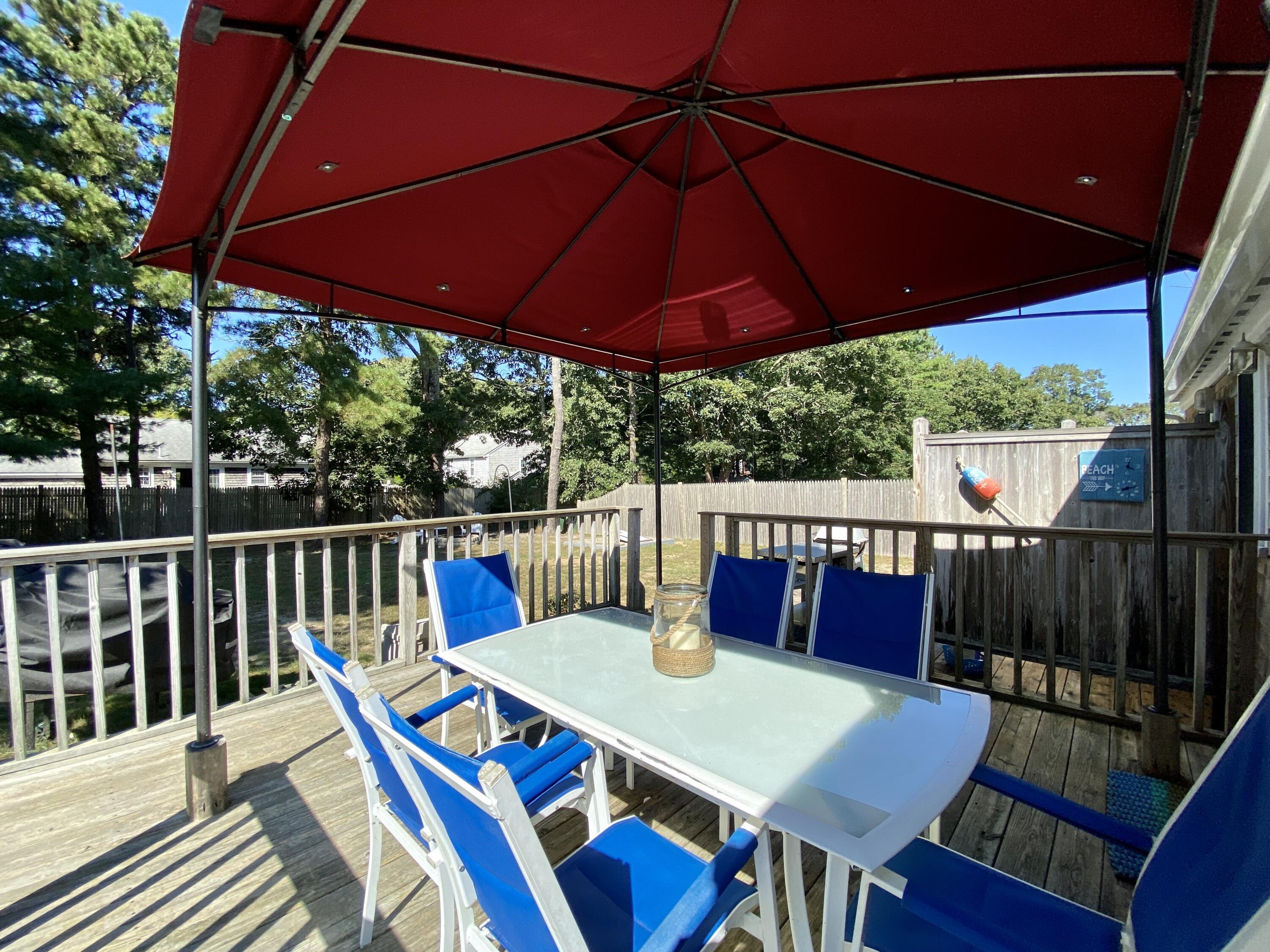 23 Naushon Road Dennis Port, MA 02639 - Photo 27 of 31 a view of a patio with table and chairs under an umbrella