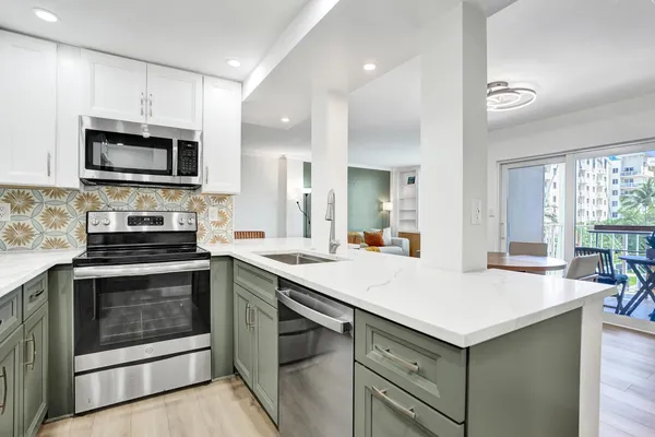 a kitchen with a sink stove and microwave
