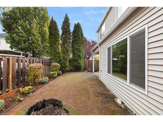 a view of a backyard with wooden fence and large trees