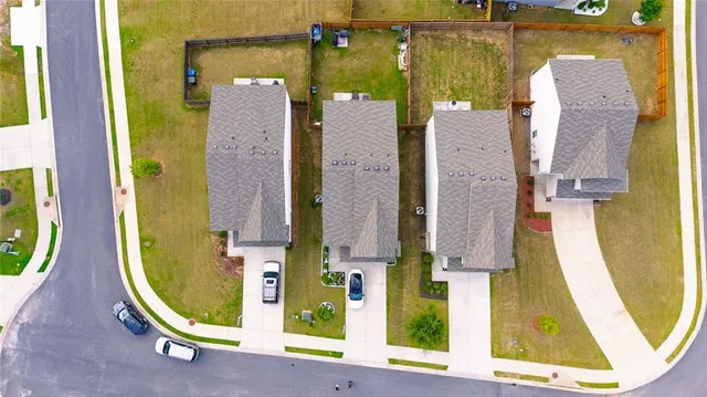 an aerial view of a swimming pool