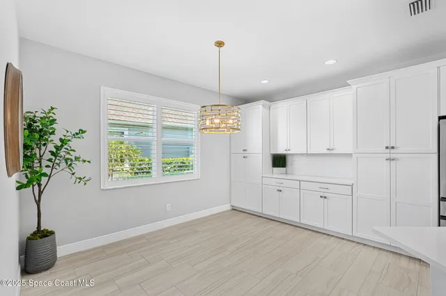a kitchen with granite countertop white cabinets and a potted plant