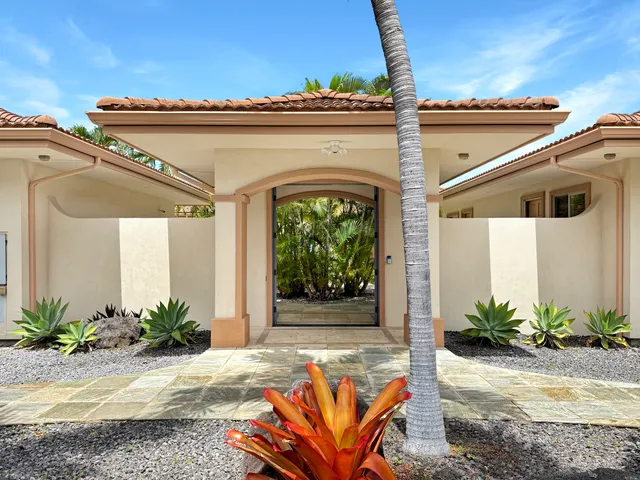 a view of a house with potted plants