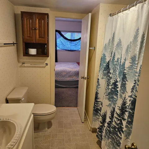 a bathroom with a toilet and a shower
