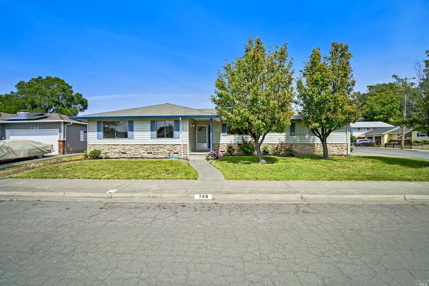a view of house with a yard and potted plants