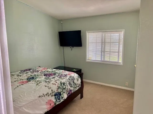 a bedroom with a bed and a flat screen tv