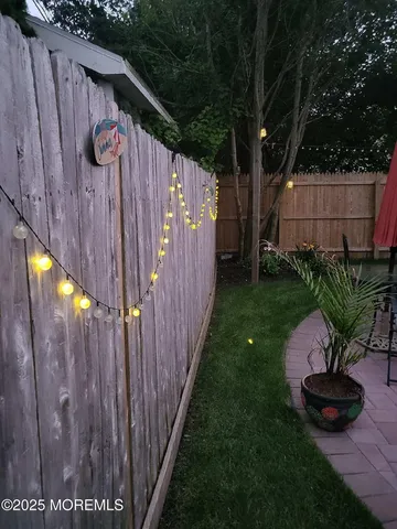 a view of a backyard with potted plants and a large tree