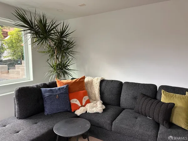 a living room with furniture and a potted plant