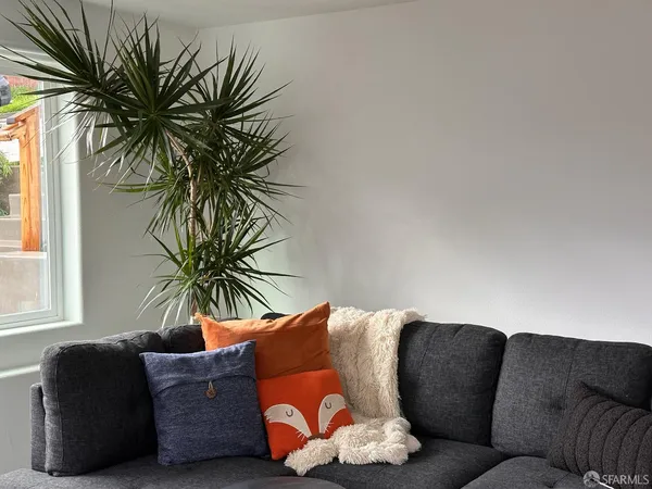 a living room with furniture and a potted plant