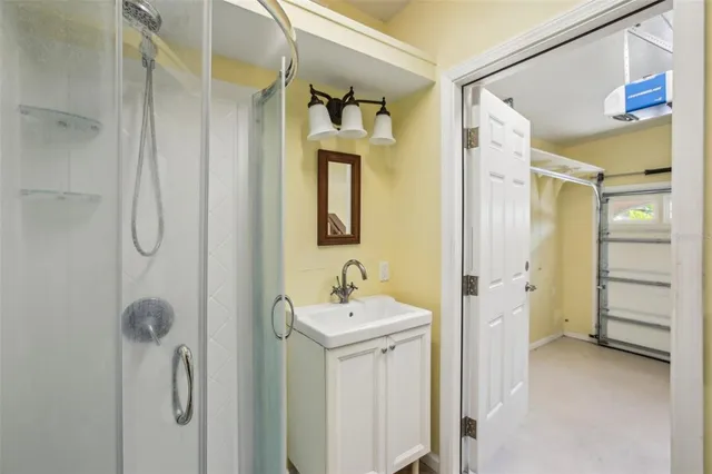 a bathroom with a sink a shower and a mirror