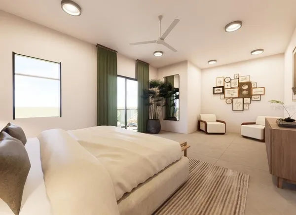 a bedroom with bed and a large mirror