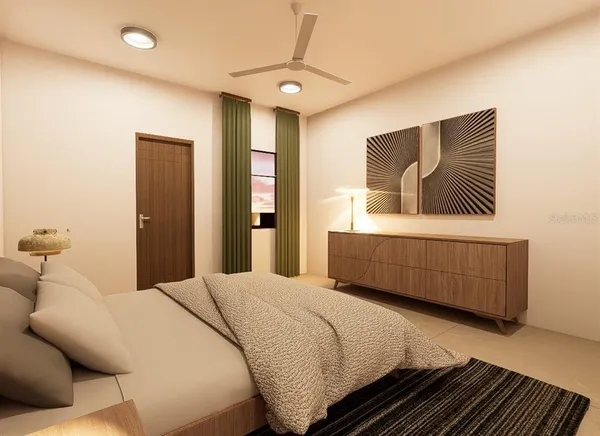 a bedroom with a bed and a night stand