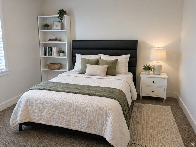 3831 South Powderwood Lane, Unit 111 Mapleton, UT 84664 - Photo 7 of 12 Bedroom featuring plush carpeting, a built-in white bookshelf, and an integrated window blind