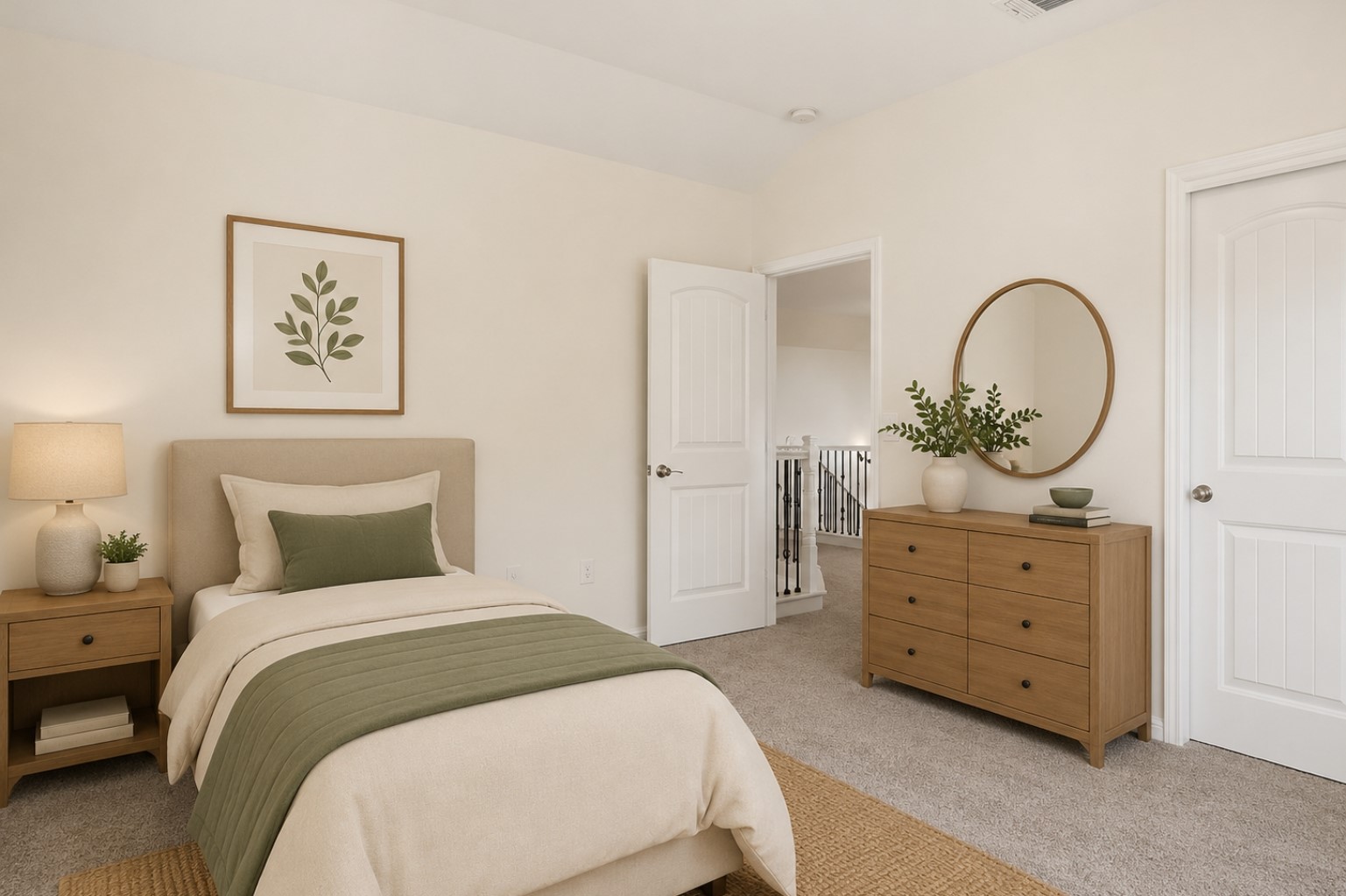 304 Santa Maria Street Georgetown, TX 78628 - Photo 14 of 37 A tranquil bedroom space featuring a carpeted floor and an open doorway leading to a landing with a stairway. Virtually Staged.