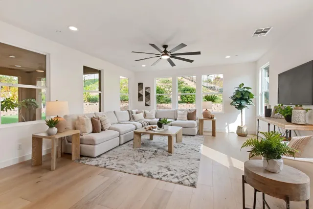 a living room with furniture potted plant and a large window
