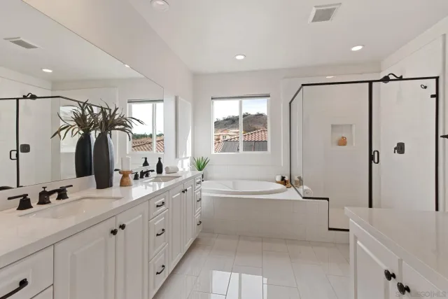 a bathroom with a double vanity sink tub and mirror