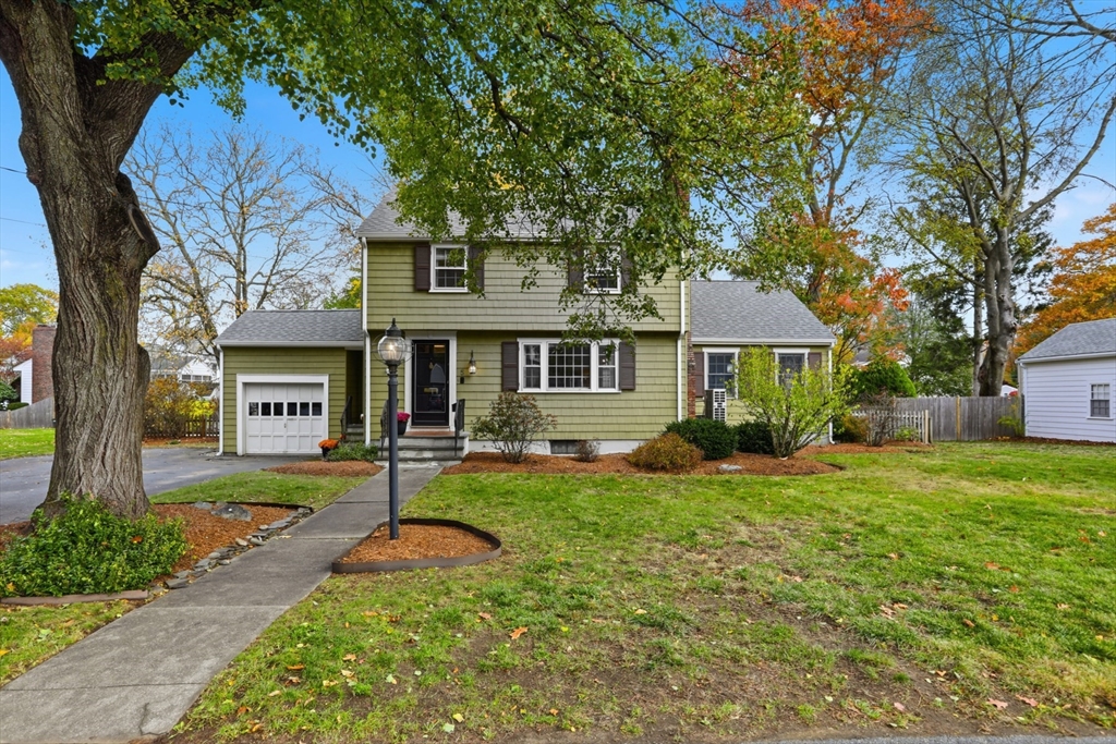 a front view of a house with yard and green space