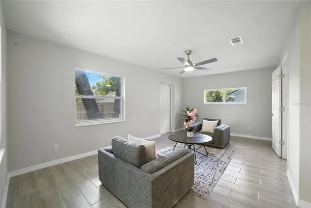 a living room with furniture and a potted plant