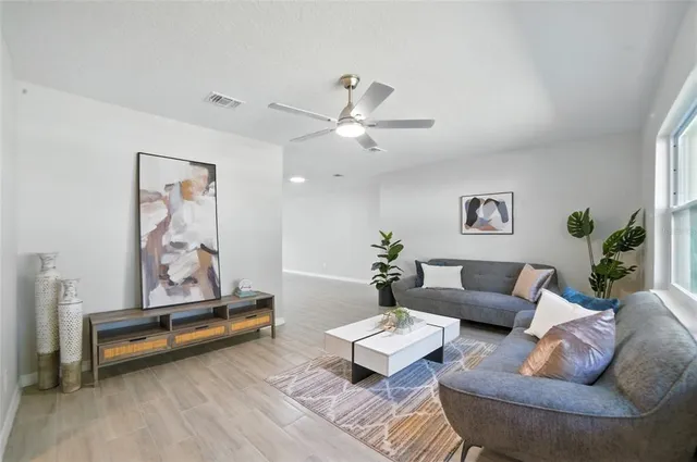a living room with furniture a rug and a potted plant