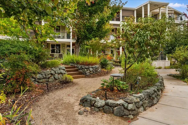 a view of a garden with a house