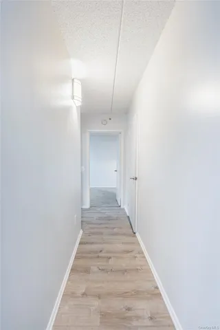 a view of a hallway with wooden floor and a chandelier