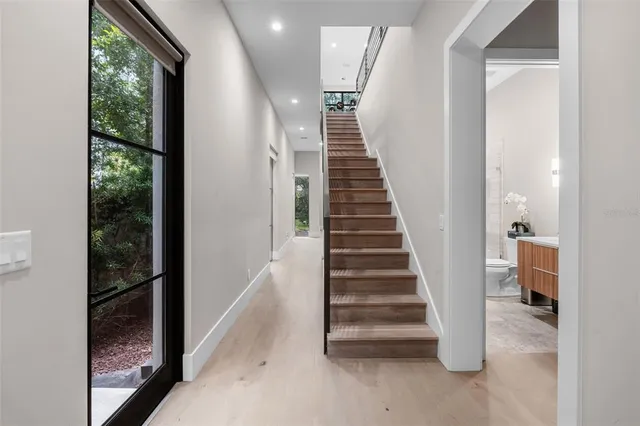 a view of a room with a large window