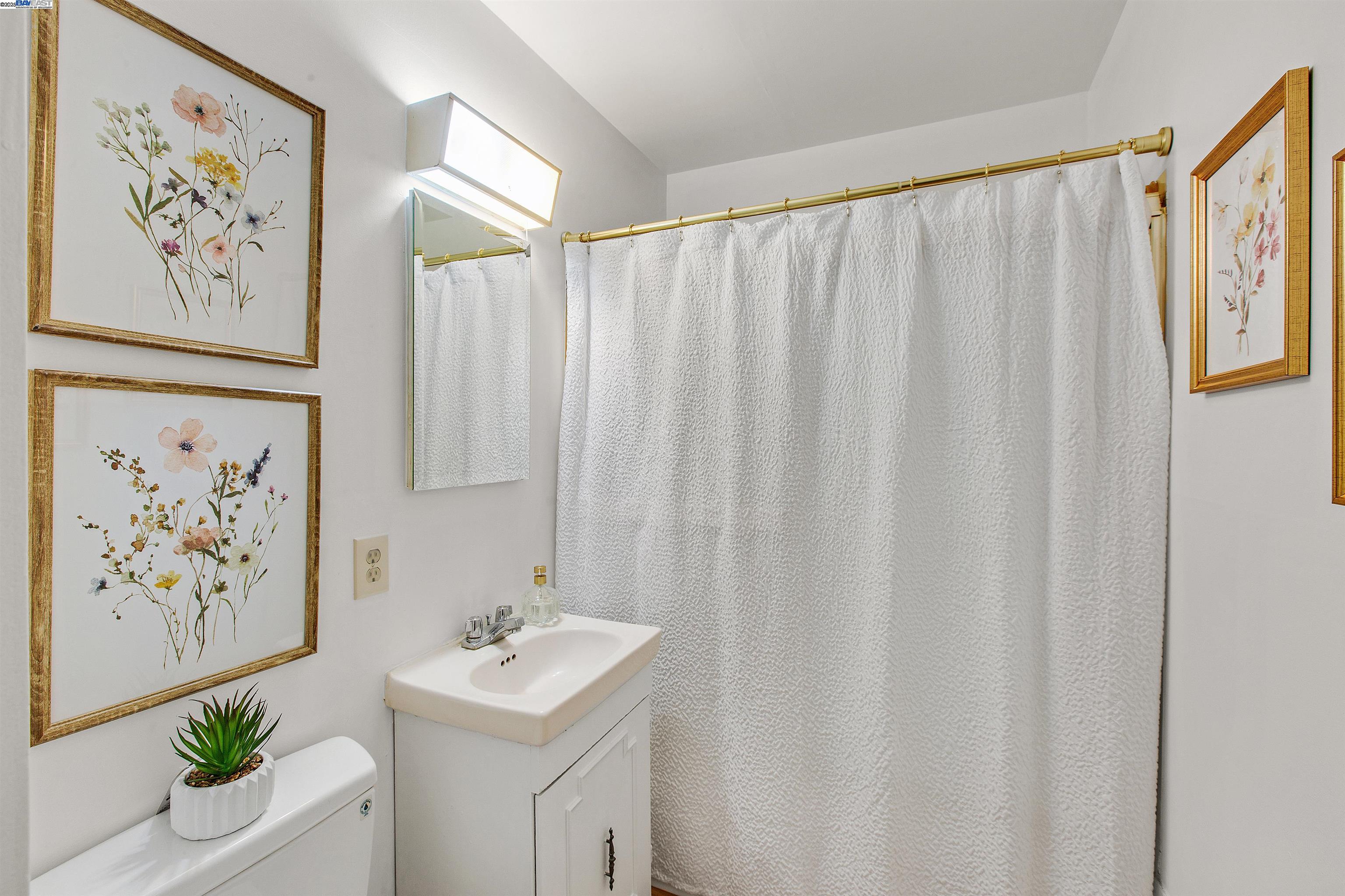 1540 O'Farrell Street, Unit 1 San Francisco, CA 94115 - Photo 10 of 19 a bathroom with a shower curtain and a sink