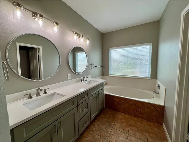 a bathroom with a tub double vanity sink and a large mirror