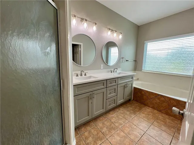 a bathroom with a double vanity sink mirror and shower