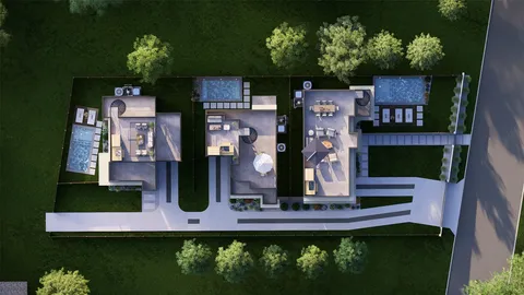 an aerial view of a house with swimming pool a yard and outdoor seating