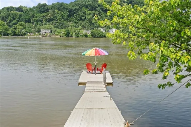 a view of a lake from a chairs