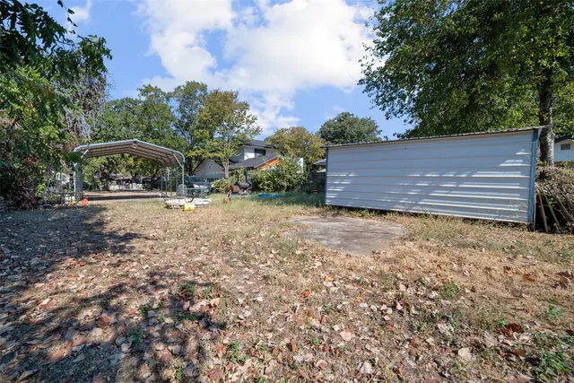 a view of a yard with plants and trees