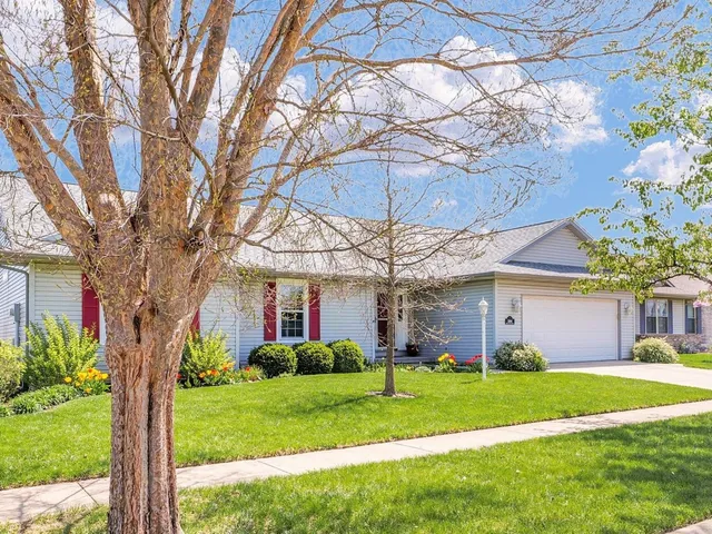 a front view of a house with a yard and a large tree
