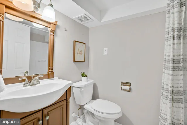 a bathroom with a sink a toilet and mirror