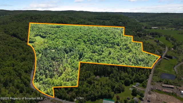 an aerial view of mountain with a yard