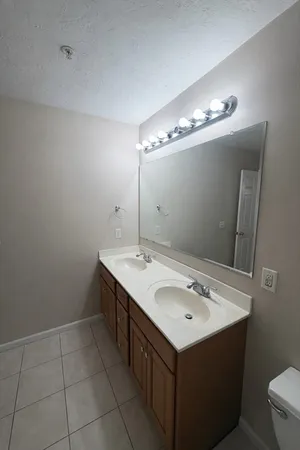 a bathroom with a sink vanity and a mirror